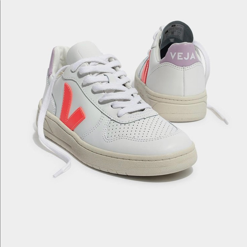 Madewell x Veja™ V-10 Leather Sneakers in Lilac and Neon Orange